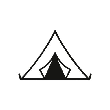Minimalist Kamp Çadırı Sembolü. Açık hava barınağının temiz siyah beyaz grafiği, web tasarımı ya da baskısı için ideal. Vahşi bir kaçış ve basit bir yaşam hissi veriyor..
