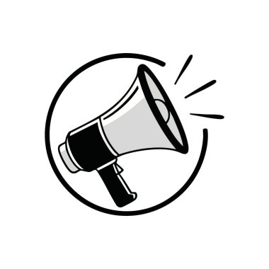 Megafon İletişim Alarm Sembolü. Cesur hoparlör grafiği yaygın iletişimi, acil duyuruları ve eleştirel mesajı sembolize ediyor. Dikkat çekme çağrılarını temsil eder.