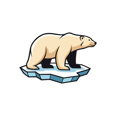 Kutup Ayısı eriyen buz bloğunda. Çekici bir karikatür tarzı kutup yaratığı tek başına donmuş bir platformda duruyor. Bu resim çevresel zorlukları ve habitat erozyonunu iletir.