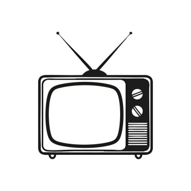 Retro Televizyon Simgesi. Bu zarif siyah beyaz sanat eseri nostaljik bir televizyon alıcısını tasvir ediyor, klasik medyayı ve zamansız ev eğlencelerini sembolize ediyor..