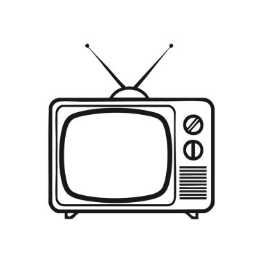 Klasik Retro Television Icon. Bu minimalist monokrom piktogram yaşlı bir yayın alıcısını gösteriyor. Geçmiş analog medya, iletişim ve ekran eğlencesi için nostalji uyandırıyor..