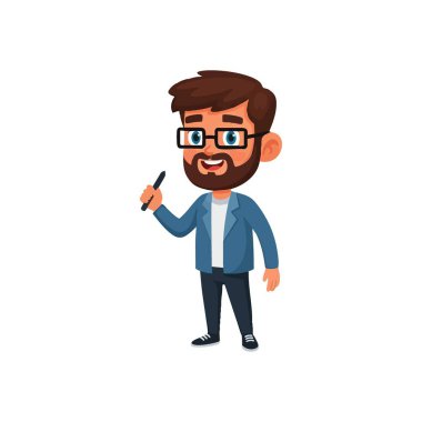 Kalem Resimli Gülümseyen Sakallı Adam. Gözlükler ve düzgün bir sakalla süslenmiş bu neşeli birey, özgüvenle bir yazı aleti tutuyor, uzmanlık ve yenilik simgeliyor..