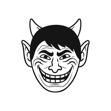 Yaramaz Şeytani Karakter 'i. Geniş, iğneli bir gülümsemesi olan boynuzlu bir yaratığın siyah beyaz çizgi film çizimi. Kurnazlığı, sinsiliği ve kötü niyetli mizahı temsil eder..