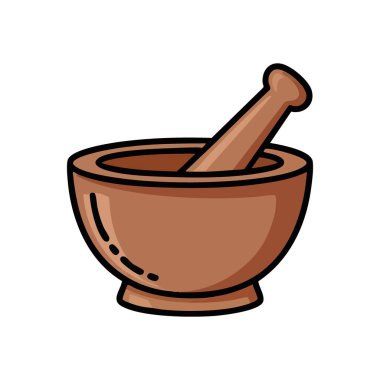 Havan ve Pestle Grafikleri. Geleneksel öğütme aleti ve kasenin stilize çizimi. Doğal çareleri, aşçılık sanatlarını ve eski bilgeliği somutlaştırır..