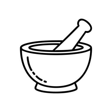 Havan Pestle Herb Öğütme Aracı. Karanlıkta ezici bir kasenin minimalist beyaz amblemi. Geleneksel tıbbı, doğal çareleri ve mutfak baharatlarını simgeler..