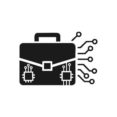 Akıllı İş Teknolojisi. Bu grafik modern ticareti sembolize eden mikroçiplerle entegre edilmiş bir evrak çantasını tasvir ediyor. Zeki, veri güdümlü girişim ve dijital dönüşümü temsil eder..