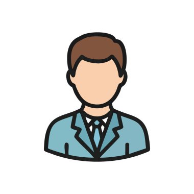 Profesyonel İş Adamı Simgesi. Resmi takım elbiseli ve kravatlı bir erkek figürünün biçimlendirilmiş vektör grafiği. Kurumsal bir bireyi, kullanıcı kimliğini ya da genel mesleki kişiliği simgeler.