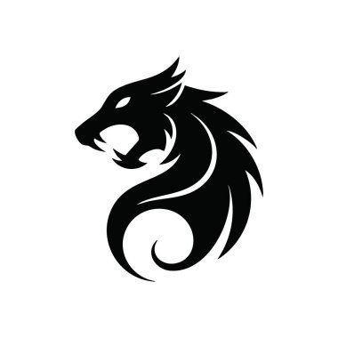 Zarif Ejderha Silueti. Stark monokrom içindeki efsanevi bir canavarın stilize edilmiş grafiği. Parlak gözleri göze çarpıyor. Bu soyut amblem gücü, içgörüyü ve gizemli gizemi simgeler..