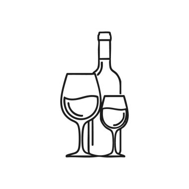 Şarap Şişe ve Zarif Bardak. Temiz bir içecek konteynırı sanatı ve iki kadehli parça, romantizm, toplanma ve rahatlamış keyif fikirleri..