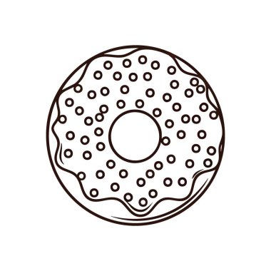 Siyah ve Beyaz Donut Illustration. Basit bir zevk ya da ziyafeti sembolize eden, küçük malzemelerle süslenmiş tatlı bir hamur işi çizimi. Mutfak temaları için mükemmel.