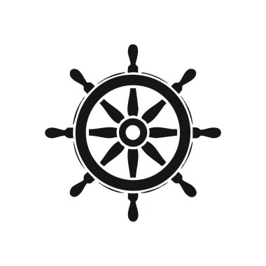Denizcilik Gemisi Dümeni Siyah Beyaz Simge. Denizci direksiyonunun zarif grafiği. Bu amblem, liderlik temalarını, yolculukları ve okyanus kavramları için mükemmel bir rota çizimi sunar..