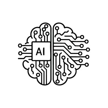 AI Dijital Beyin Konsepti. Bu simge yapay zekayı gelişmiş düşünmeyi, nöral ağları ve teknolojik evrimi sembolize eden karmaşık bir zihin olarak tasvir eder..