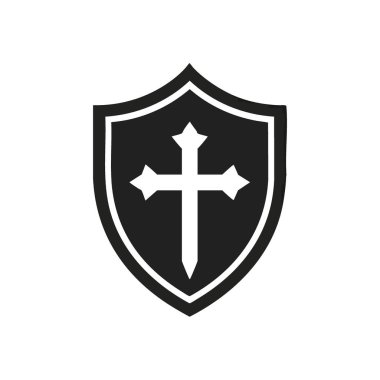 Christian Shield Haç Simgesi. Bu çarpıcı grafikte ruhanilik ve savunma için kutsal bir dini işaret var. İnancı, gücü ve korumayı simgeleyen cesur bir ilahi işaret..