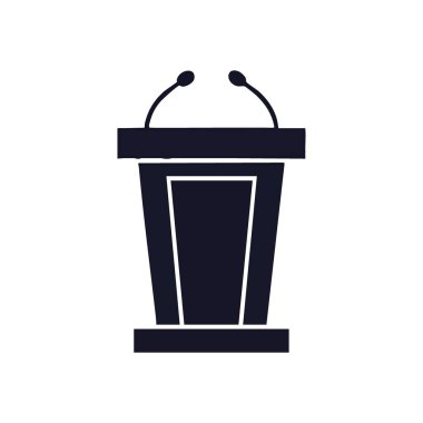 Podyum Mikrofonlar Silueti. Bu minimalist illüstrasyon, çift sesli cihazlarla resmi bir konuşmacının duruşunu gösteriyor. Liderliği, iletişimi ve önemli duyuruları simgeler..