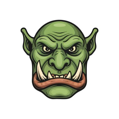 Vahşi Yeşil Ork Kafa İllüstrasyonu. Göze çarpan dişleri ve tehditkar bakışları olan heybetli bir yaratığın canlı sanat eserleri. Gücü, çatışmayı ve efsanevi varlıkları temsil eder..