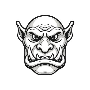 Öfkeli Ork Kafa Maskot Tasarımı. Keskin dişleri ve yoğun bakışları olan korkunç bir yüz ifadesi. Bu güçlü fantezi karakteri gücü ve azmi simgeliyor..