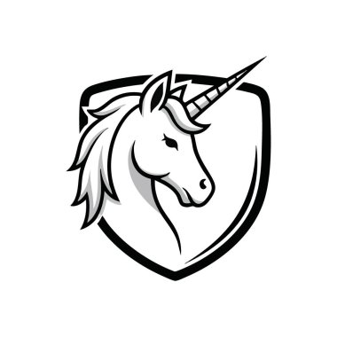 Majestic Unicorn baş amblemi. Karanlık bir arka plana karşı mistik boynuzlu atın çarpıcı minimalist grafiği sihri, gücü ve saflığı simgeliyor. Damgalamak için ideal.