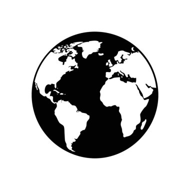 Minimalist Dünya Küre Simgesi. Gezegenimizin stilize edilmiş tek renkli temsili, koyu siyah arka planda kıtaların bembeyaz olması. Evrensel birliği sembolize eder.