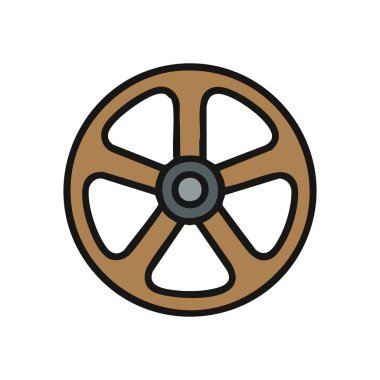 Klasik Tahta Tekerlek Simgesi. Bu stilize grafikler, gelişimi, yolculuğu ve mirası sembolize eden eski bir kereste mekanizmasını tasvir ediyor. Kırsal tasarımlar için mükemmel..