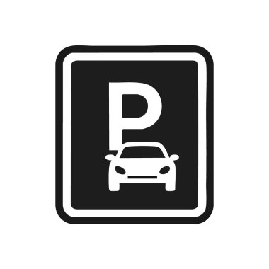 Park alanı imzası var. Otomobil konaklaması için klasik tek renkli P sembolü. Bu net illüstrasyon, organize erişim ve kolaylığı simgeleyen belirlenmiş araç bölgelerini gösterir.