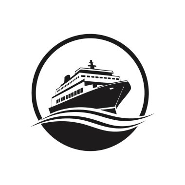 Lüks Gemi Simge Vektör Sanatı. Sakin dalgalarda yüzen büyük bir yolcu gemisinin tek renkli tasviri. Okyanus seyahatleri, turizm veya deniz keşifleri için ideal bir amblem..