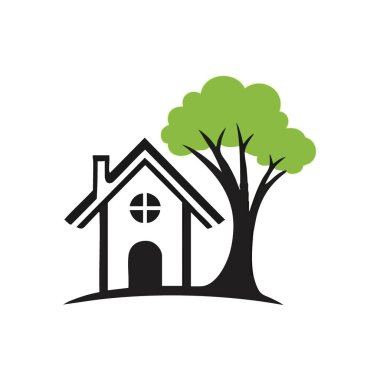 Çevre ve Ağaç Sembolü. Canlı bir bitkinin yanında, sürdürülebilir yaşam ve çevresel uyumu sembolize eden temiz bir konutun grafiği. Emlak ve yeşil kavramlar için mükemmel..