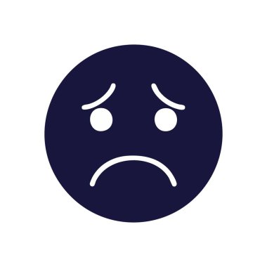 Karanlık Arkaplanda Üzgün Emoji Icon. Koyu siyah bir ekranda kederli bir dijital avatar üzüntü ve kötü ruhları iletiyor. Olumsuz duyguları ifade etmek için ideal..