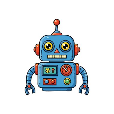Büyüleyici Çizgi Robot Simgesi. Klasik tarzda sevimli mavi robotik bir figür, teknoloji ve yapay zekanın dostça ve yaratıcı ruhunu somutlaştırıyor..