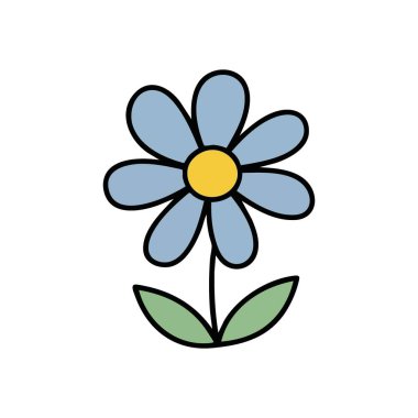 Basit Mavi Papatya Grafiği. Soluk gök mavisi yaprakları ve parlak sarı bir merkezi olan bir çiçeğin büyüleyici bir çizimi. Bu tatlı bitki örtüsü barışı ve doğal büyümeyi simgeliyor..