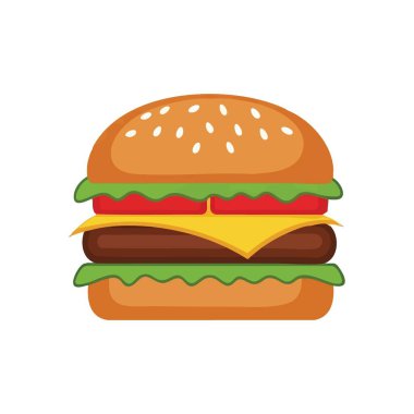 Klasik Hamburger Illustration. Lezzetli köfteli, taze sebzeli ve susamlı ekmeğin üzerinde erimiş çedar peynirli leziz bir çizburgerin canlı bir simgesi..
