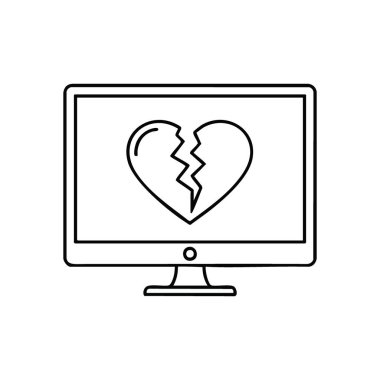 Dijital Kalp Kırma Ekranı. Parçalanmış bir kalple ekranı tasvir eden minimalist bir vektör grafiği, çevrimiçi üzüntü veya başarısız romantik bağlar duygularını iletiyor..