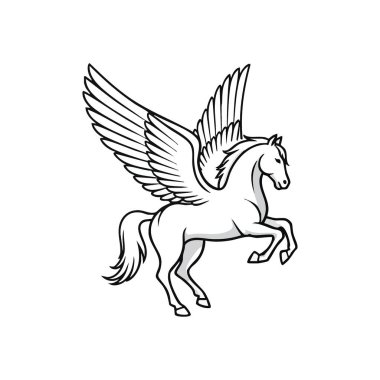 Görkemli Beyaz Pegasus. Koyu bir arka planda yükseltilmiş kanatlı at. Bu efsanevi yaratık, evcilleştirilmemiş gücü sınırsız özgürlüğü ve rüyalar alemini simgeliyor..