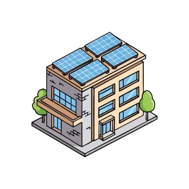 Çatı Güneş Panelleri ile Eko Binası. Bu modern yapı, daha yeşil bir gezegen için sürdürülebilir kentsel gelişimi ve temiz enerjiyi sembolize eden çatı fotovoltaik dizileri içerir..