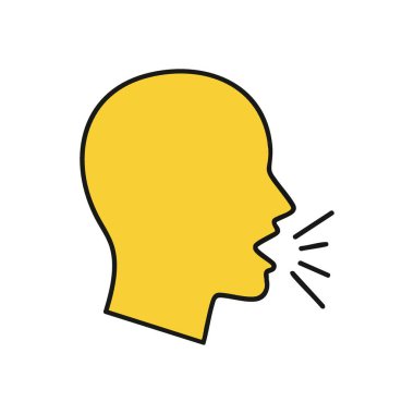 Sesli İfade Silueti. Canlı bir sarı profil ses dalgaları yayar, sözlü söylemi sembolize eder, halka açık bir konuşma, düşünceleri aktarma veya önemli haberleri duyurma.