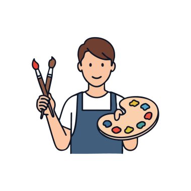 Sanat aletleriyle gülümseyen sanatçı. Bu canlı illüstrasyon, elinde resim aletleri tutan neşeli yaratıcı bir bireyi tasvir ediyor. Sanatsal tutkuyu ve yaratıcı ifadenin neşesini sembolize eder..