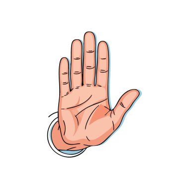 Jestleri durdur, Palm Illustration. Düz bir insan eli yukarıyı işaret eder, bu da açık bir duruş ya da yasağı gösterir. Bu çizim uyarıları, sınırları ve güvenliği iletir..