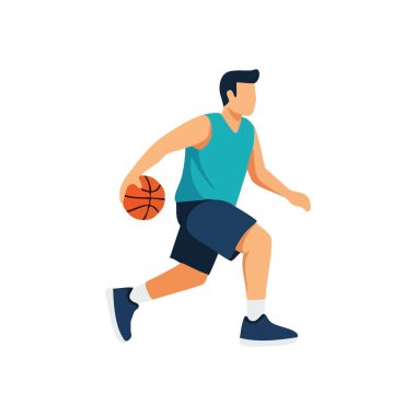 Basketbol oynayan bir atlet. Hareketli bir erkek basketbol oyuncusunun dinamik çizimi, ustalıkla topu sektiriyor. Spor, zindelik ve enerji dolu eğlenceyi desteklemek için ideal..