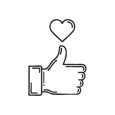 Baş parmaklar yukarı ve kalp sembolü. Pozitif teşhisin grafiksel temsili. Bu dijital sanat eseri, genellikle çevrimiçi bağlılık ve popülerlik için kullanılan anlaşma, tercih ve şefkat taşır..