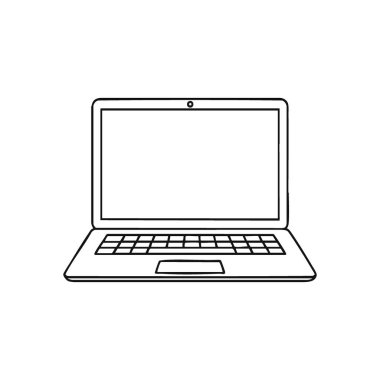 Basit Laptop Taslak Vektörü. Defterdeki kişisel bilgisayarın temiz bir grafiği. Modern dijital çalışmayı, çevrimiçi öğrenmeyi ve teknolojik bağlantıyı temsil ediyor. Ekran içerik için hazır.