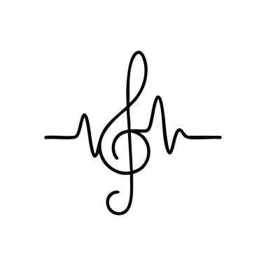 Music Heartbeat Pulse Art. Beyaz G anahtarı, siyah üzerine ritmik bir dalgayla birbirine dolanmış. Bu soyut tasarım, melodi, canlılık ve içsel duygu arasındaki derin bağlantıyı temsil ediyor..