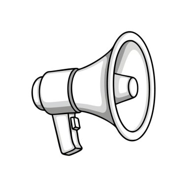 Beyaz megafon hoparlörü grafiksel. Bu basit megafon çizimi önemli bilgileri iletiyor. Duyurular, satışlar, pazarlamalar, protestolar ya da halkın bilinci için mükemmel.