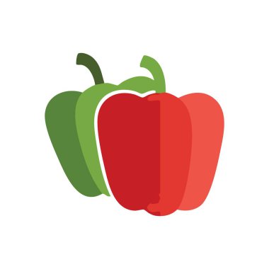 Canlı Bell Pepper Duo İllüstrasyonu. Renkli kapsicum sanat eserleri, arka planda iki taze sebze sergiliyor. Mutfak, beslenme ya da sağlıklı yaşam tarzı içeriği için ideal.