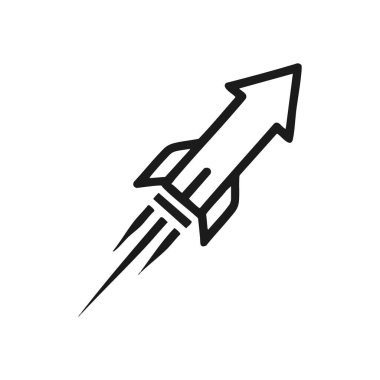 Roket Fırlatma Simgesi. Yukarıya doğru ilerleyen zarif bir uzay aracı. Hızlı gelişmeyi, yenilikçi girişimleri ve başarılı iş büyümesini simgeler..