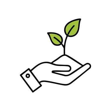 El Bakımı Yeşil Yapraklar. Canlı yaprakları nazikçe tutan insan palmiyesinin stilize tasviri. Bu amblem çevresel bakımı, sürdürülebilir gelişimi ve ekolojik yöneticiliği temsil etmektedir..