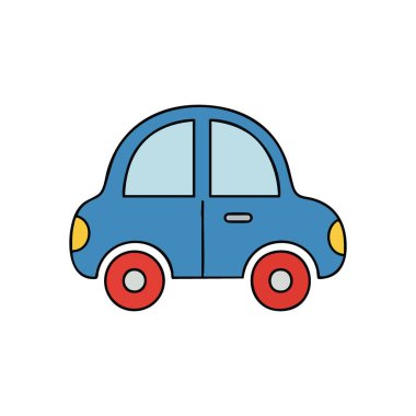 Tatlı Çizgi Film Araba Vektörü Grafiği. Koyu arkaplanda kırmızı tekerlekleri olan büyüleyici mavi bir otomobil çizimi. Bu oyuncu tasarım çocukluk eğlencesi ve basit hareketliliği çağrıştırıyor..