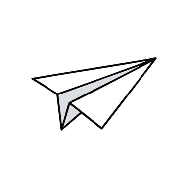 Siyah Arkaplanda Beyaz Kağıt Uçak. Bu zarif grafik klasik katlanmış bir uçağı, hızlı iletişim ve sınırsız macera kavramlarını somutlaştırıyor..