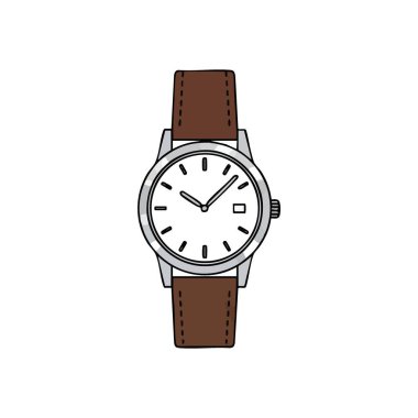 Zarif Analog Saat Çizimi. Bu klasik saat parçasında gevrek bir yüz, metalik bir ev ve güzel bir kahverengi bant var. Hassasiyeti, dakikliği ve inceliği sembolize eder..