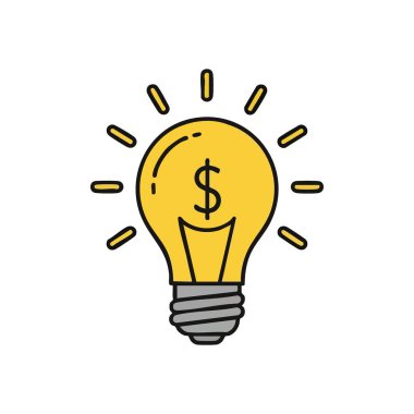 Kârlı Fikir Ampul Simgesi. Ticari yenilikleri aydınlatan, içinde para birimi sembolü olan bu parlayan lamba, değerli kavramları ve finansal büyümeyi temsil ediyor..