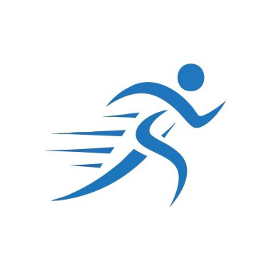 Dynamic Blue Runner Simgesi. Soyut gök mavisi grafiği, hız, çeviklik ve ilerlemeyi sembolize eden hızlı hareket eden bir insanı tasvir eder. Etkin yaşam tarzı veya hizmet temaları için ideal.