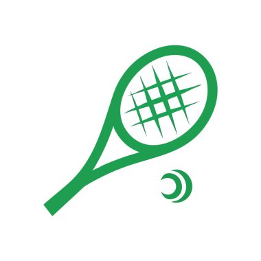 Atletik Raket ve Küre Amblemi. Esmer arka planda soyut top motifli canlı yeşil tenis raketi. Bu canlı grafik çevikliği, rekabeti ve zaferi gösteriyor..